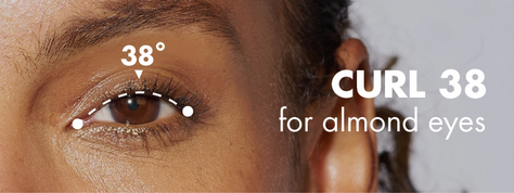 Curl 38 for almond eyes - 38 degrees. Model with 38 degrees dashed line illustration showing eye shape.