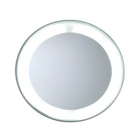 LED lighted 15x mini mirror with lighted area on outer perimeter of mirror, light is illuminated