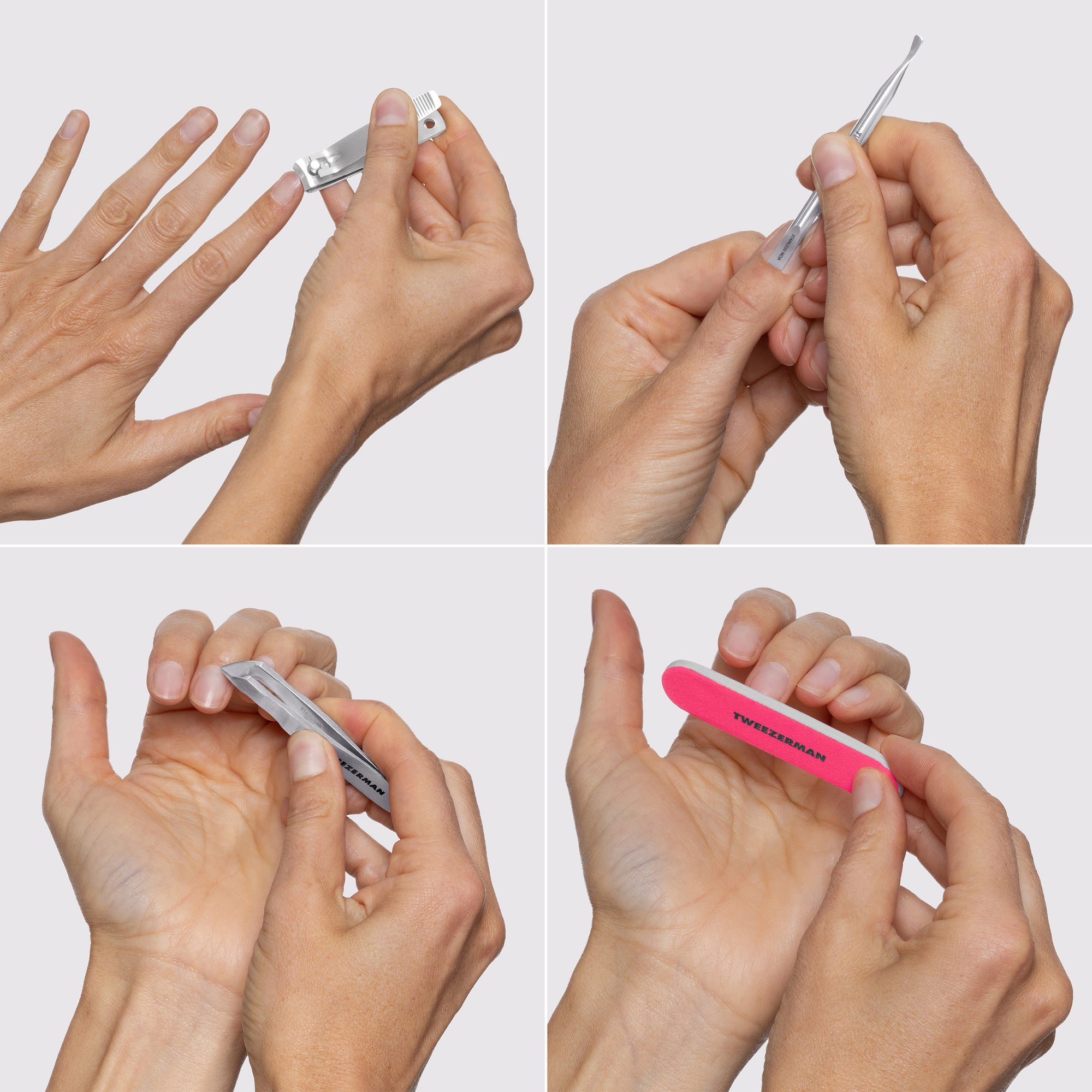 Model holding the Mini Neon Nail Rescue Kit : the stainless steel Nail Clipper, the Mini Pushy & Nail Cleaner, the Mini Cuticle Nipper, the Mini Neon Nail File.