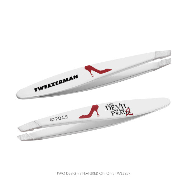 The Devil Wears Prada 2 Mini Slant Tweezers, 2 designs featured on one tweezer.