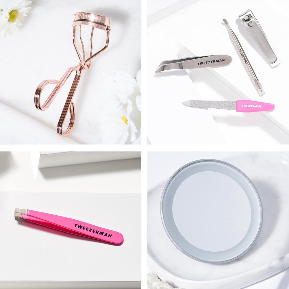 Wedding Day beauty tools, mini mirror, mini tweezer, mini nail kit and eyelash curler.