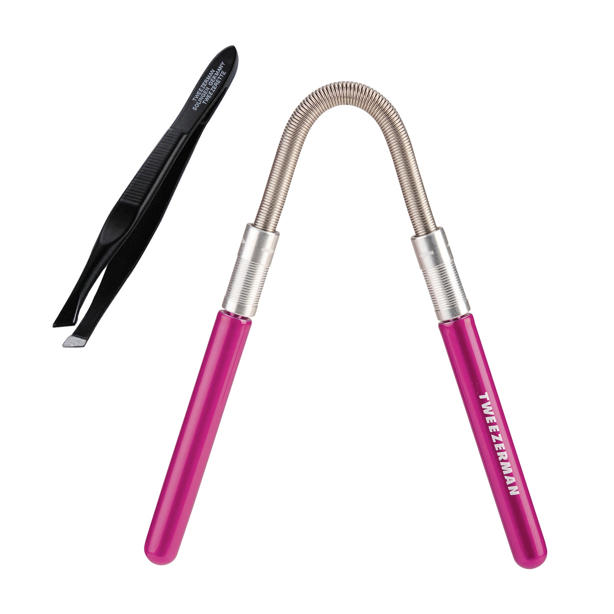Smooth finish facial hair remover, stainless steel coil spring with pink color handles. Black colored tweezerette with angled tips and textured body grip