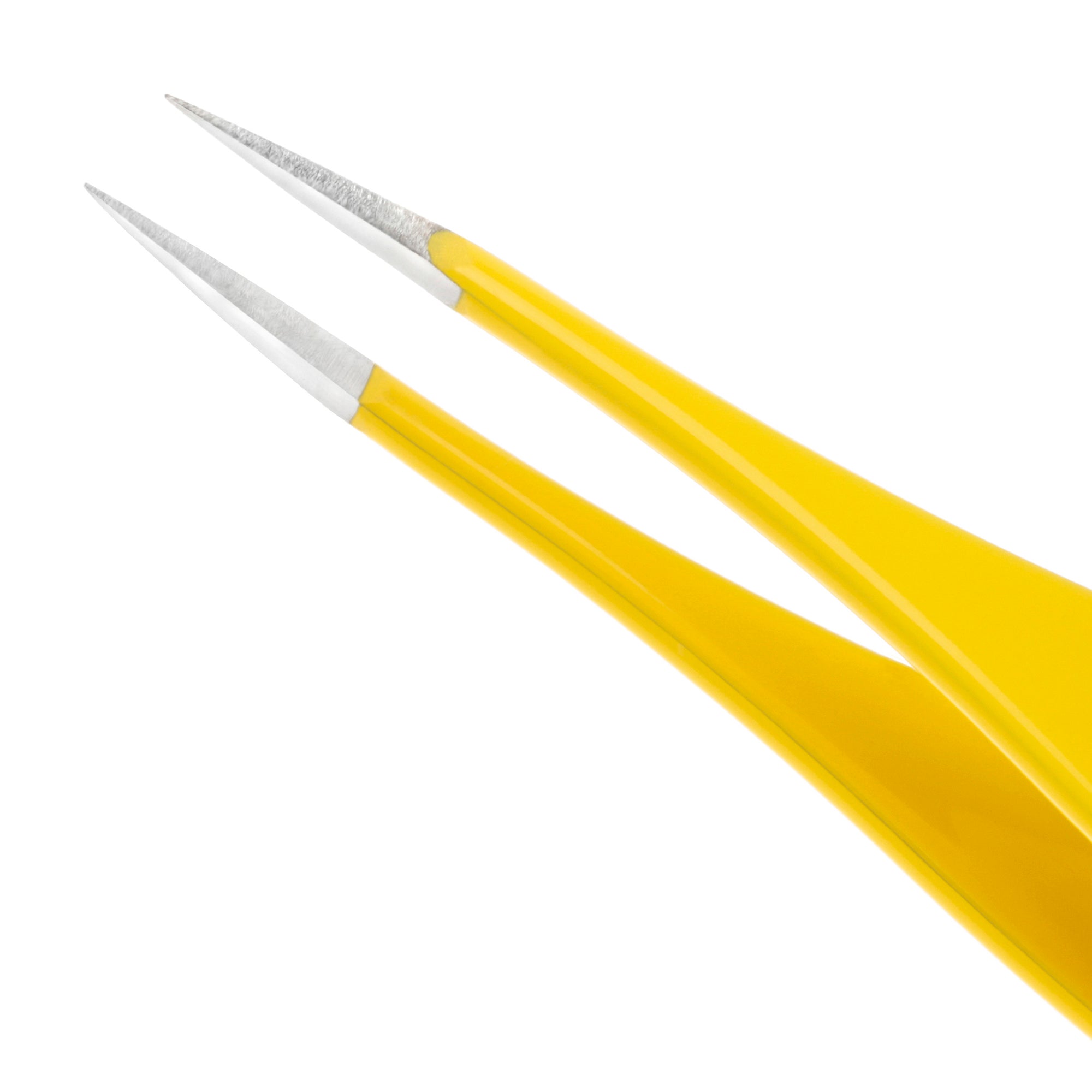 Yellow tweezers with silver tips on a white background