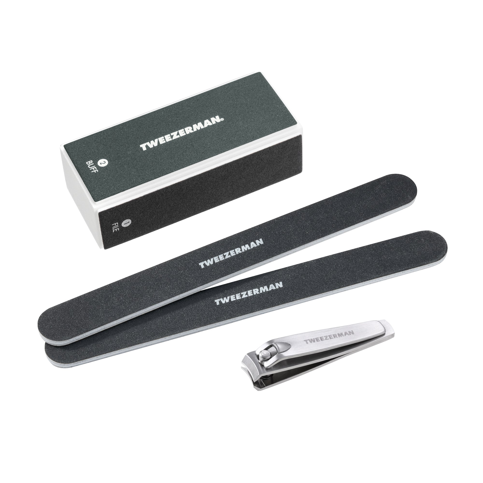 Black buffer block with two nail files and one stainless steel nail clipper