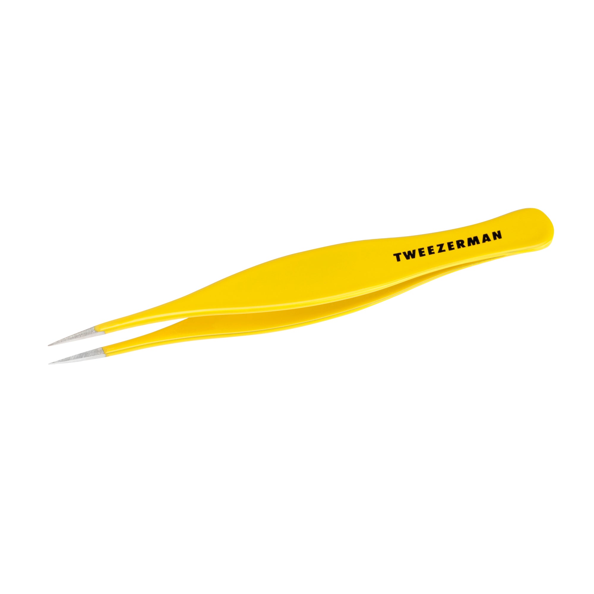 Yellow splinter tweezers with 'Tweezerman' branding on a white background