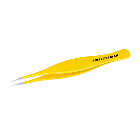 Yellow splinter tweezers with 'Tweezerman' branding on a white background