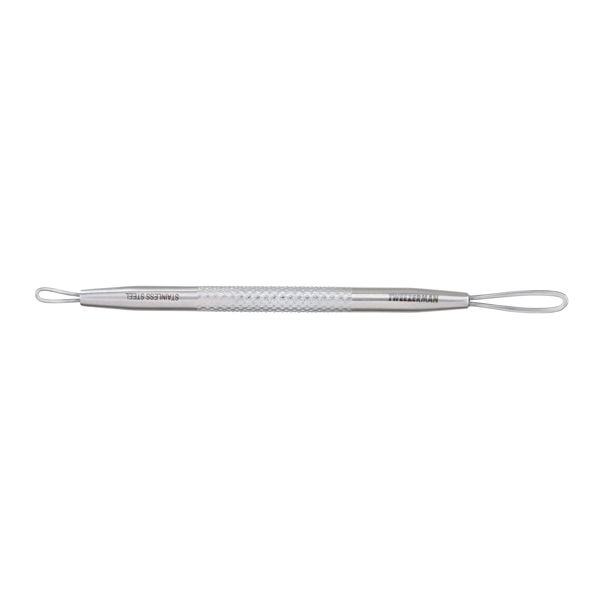 Dual ended stainless steel skincare tool with textured body grip. One end has long flat loop. One end has smaller angled loop