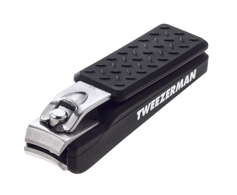 Precision Grip Fingernail Clipper with curved blades and textured black handle. Lever of clipper is lifted up