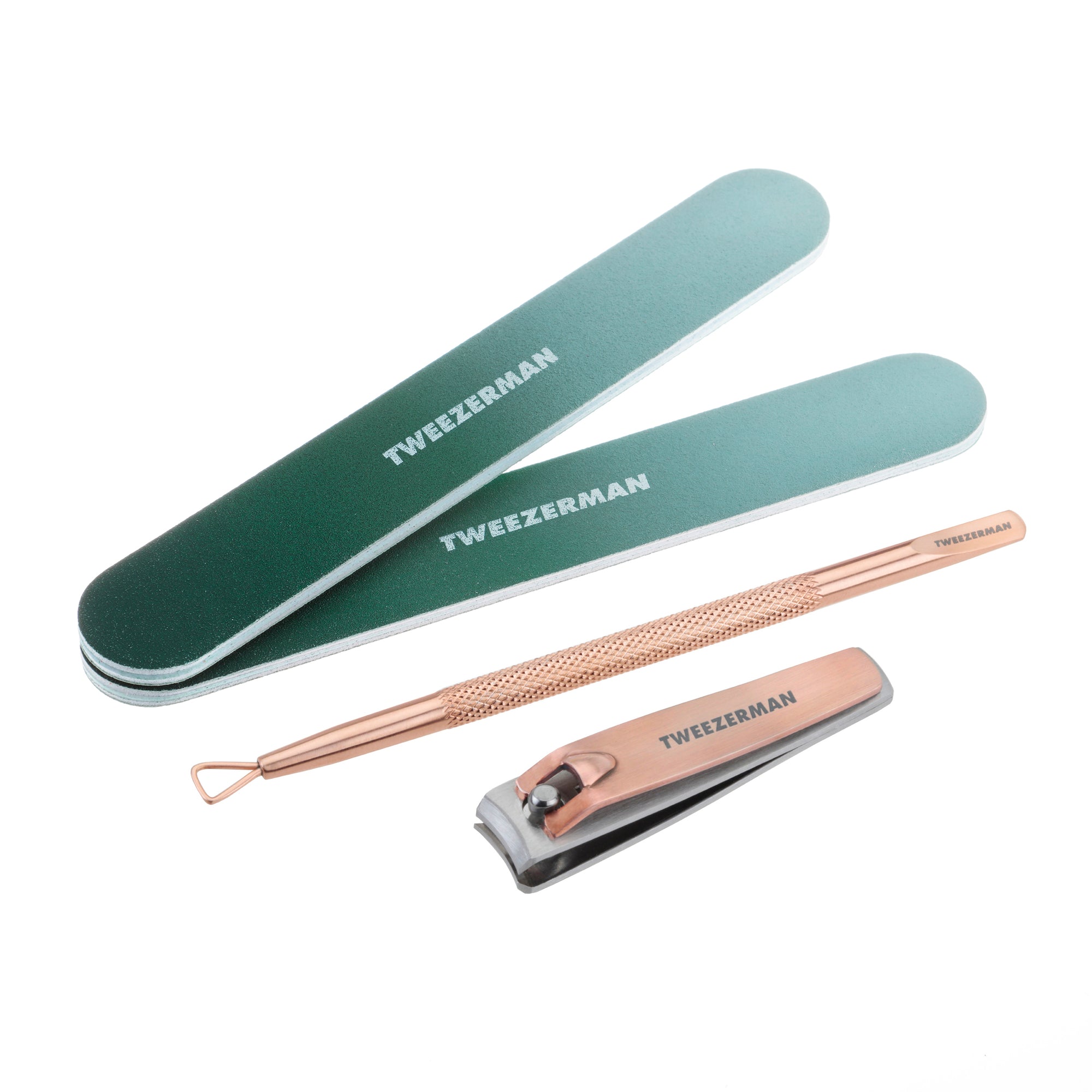 2 dark green nail files with rose gold fingernail clipper and cuticle pushy