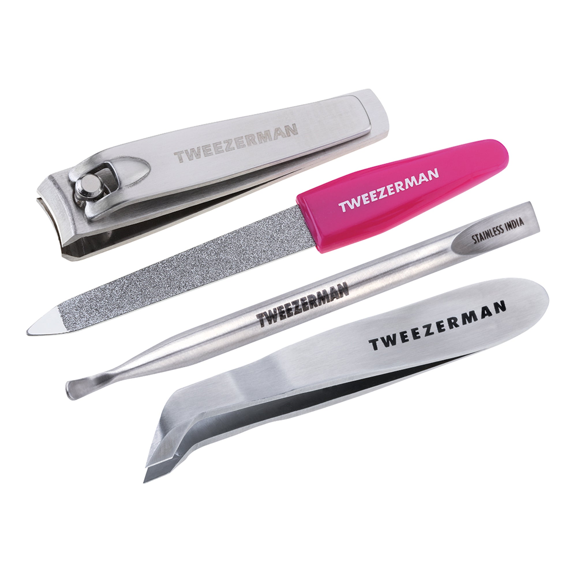 Stainless Steel Finger nail clipper, pink nail file, stainless steel mini pushy and nail cleaner, mini cuticle nipper