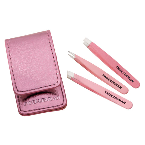 Micro Mini Tweezer Set with pink metallic leather case. Includes micro mini slant, point, and flat tip tweezer. All tweezers have pink color finish with stainless steel tips