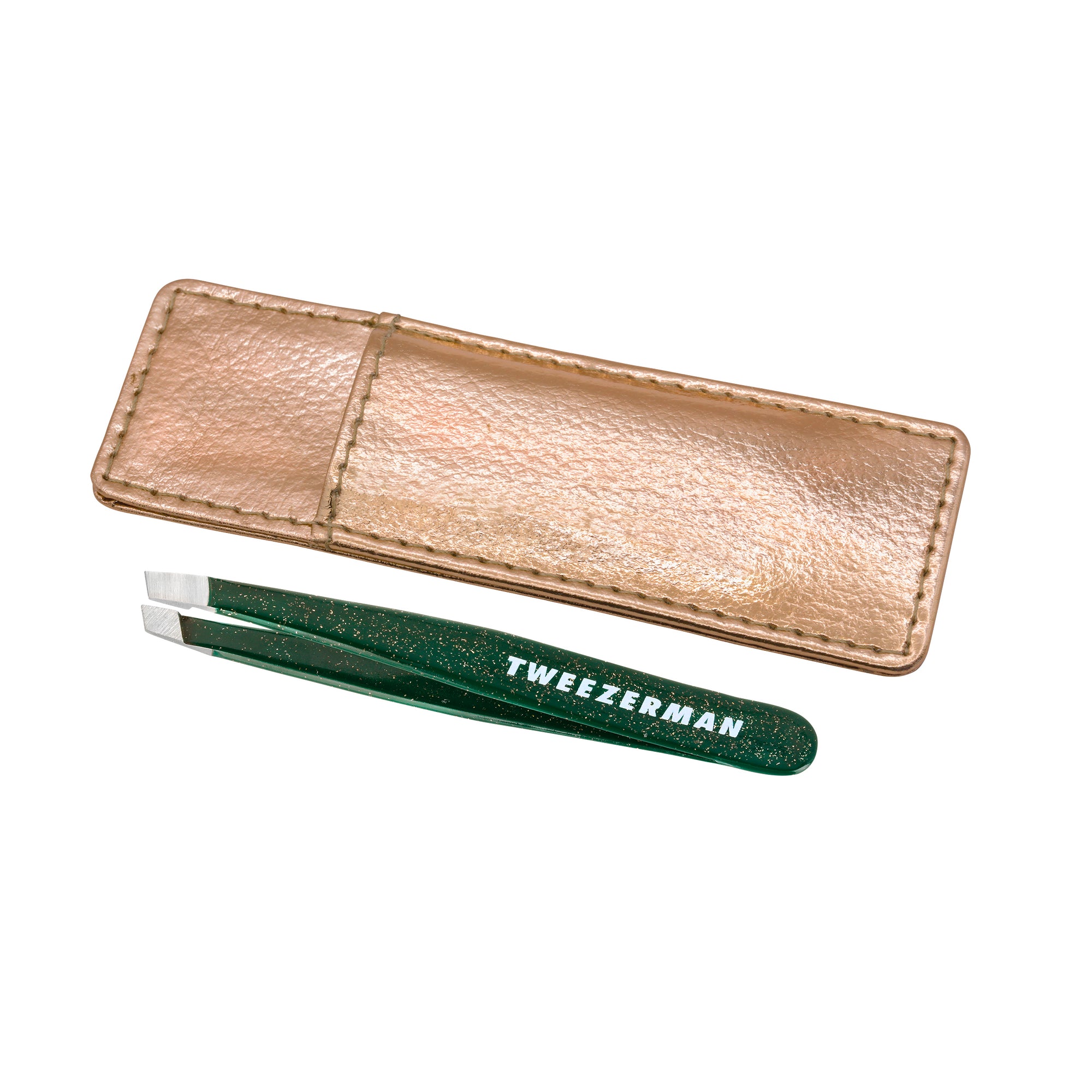 Enchanted Garden Mini Slant Tweezer in dark green with gold speckle finish and gold color carrying case