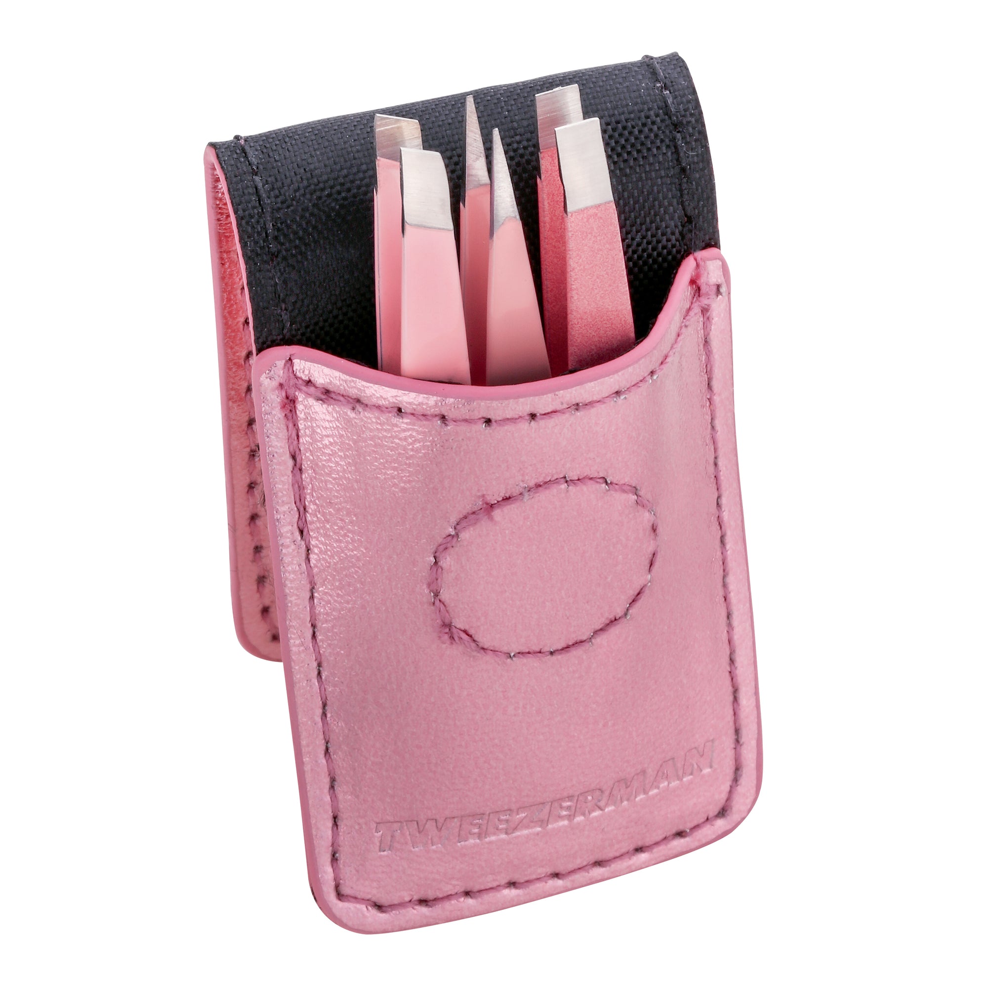 Micro mini slant, point, and flat tip tweezers inside pink metallic color leather case, all tweezer tips are stainless steel