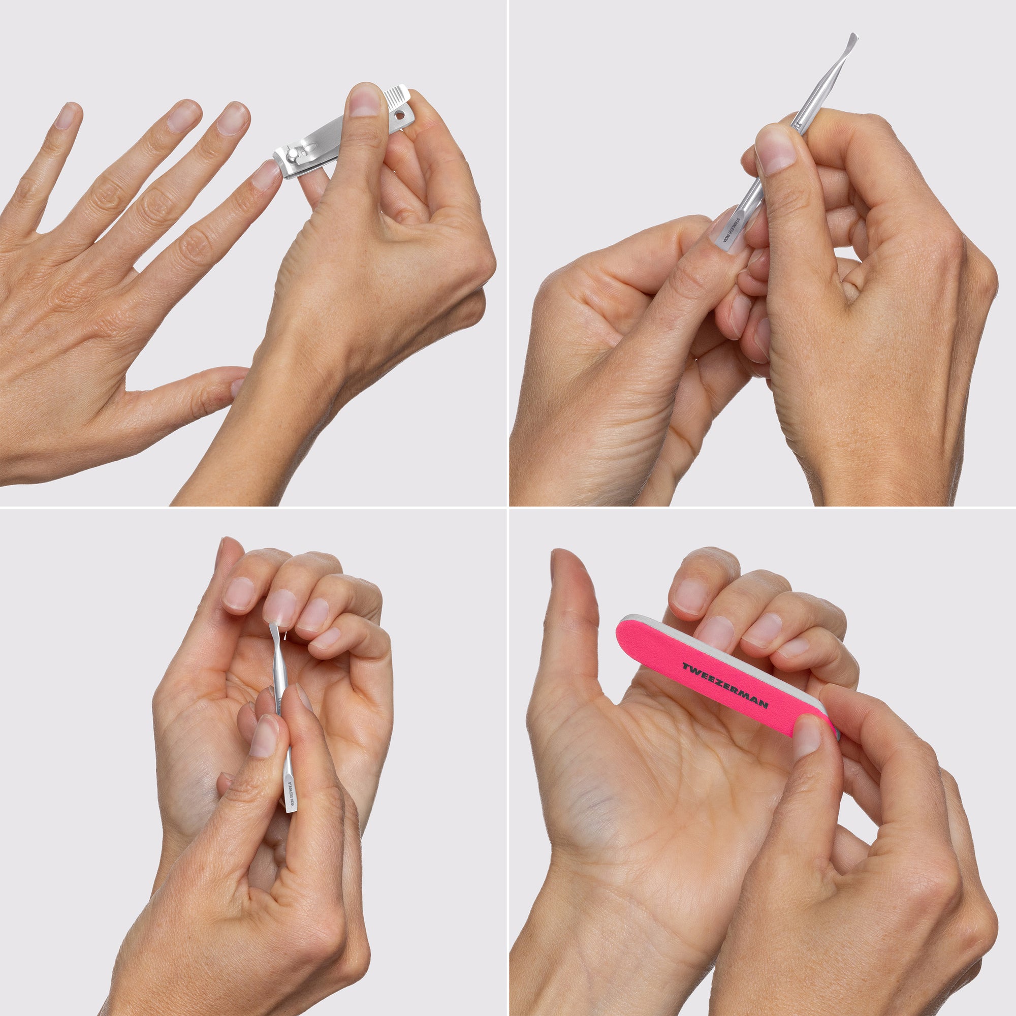 Model holding the MINI NAIL RESCUE KIT: the stainless steel Nail Clipper, the Mini Pushy &amp; Nail Cleaner,  the Mini Neon Nail File.