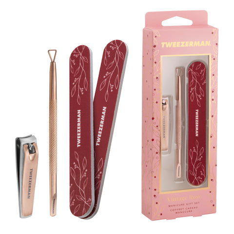 Vintage Rose Manicure Gift Set featuring 5-inch Nail Files, Rose Gold Fingernail Clipper and Rose Gold Cuticle Pushy.