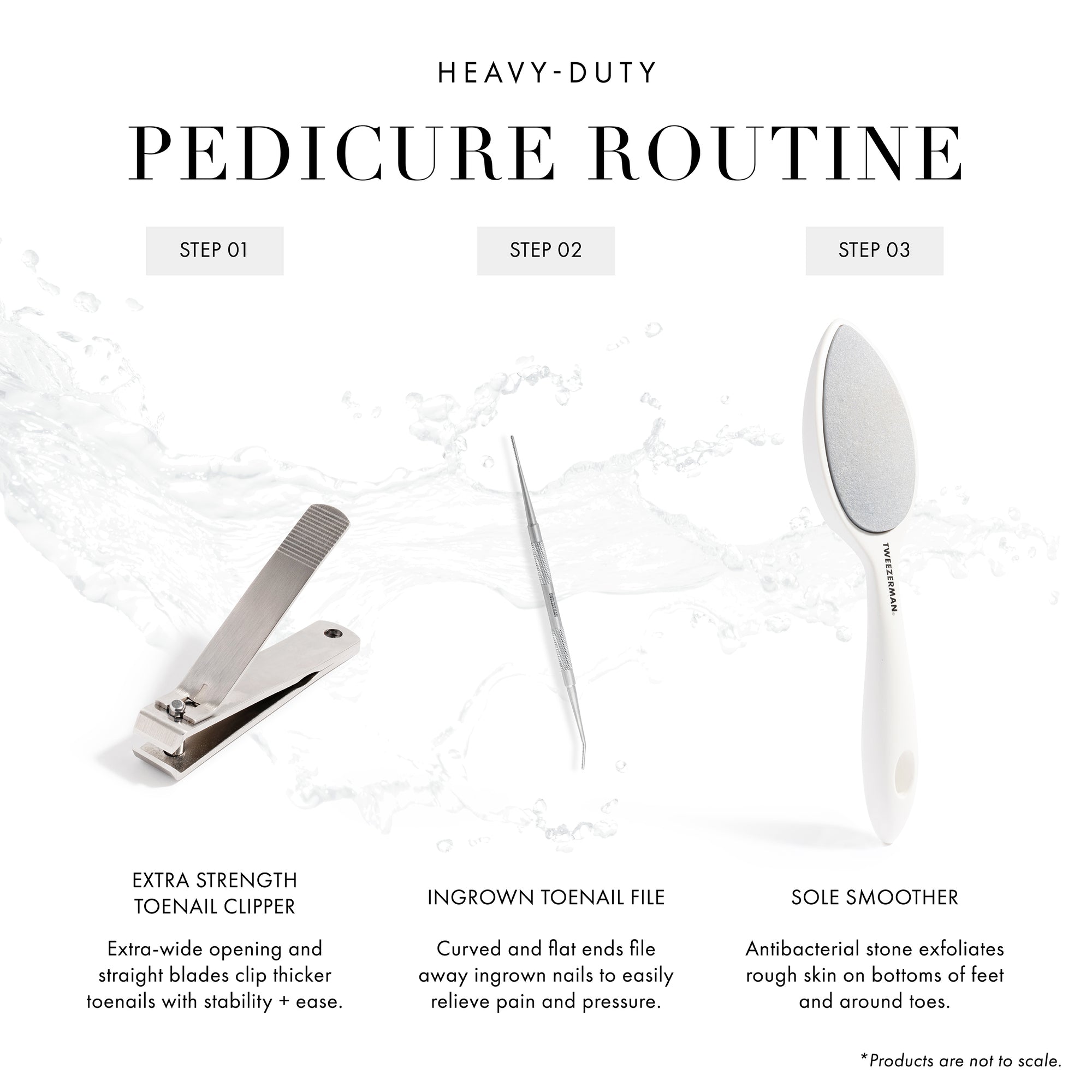 Heavy-Duty Pedicare Routine. Extra Strength Toenail Clipper - Extra-wide opening and straight blades clip thicker toenails with stability and ease. Ingrown Toenail File - Curved and flat ends file away ingrown toenails to easily relieve pain and pressure. Sole Smoother - Antibacterial stone exfoliates rough skin on bottom of feet and around toes.