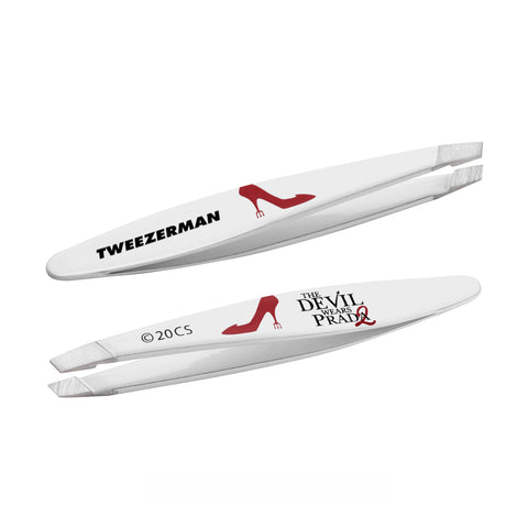 Mini White Slant Tweezer with the Devil Wears Prada 2 and Tweezerman logo on it on a white background