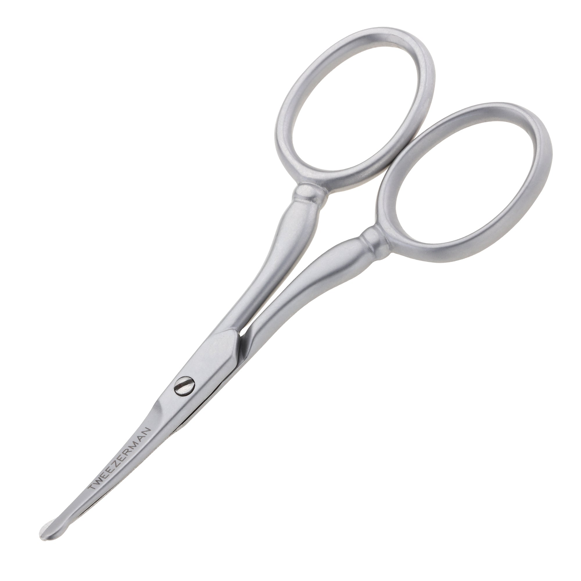 Stainless steel facial hair scissors with rounded tip blade and finger loop handles
Written on tool in dark grey is "Tweezerrman Italy in ox"