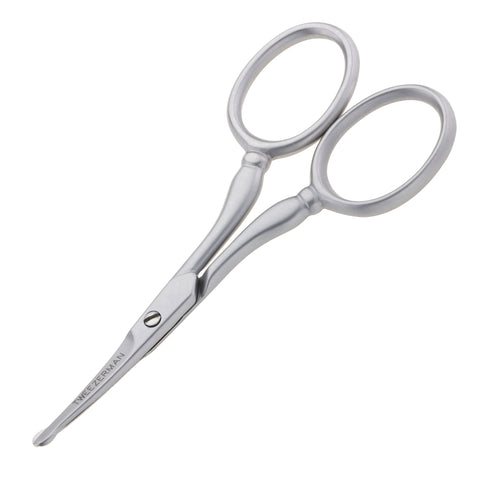 Stainless steel facial hair scissors with rounded tip blade and finger loop handles
Written on tool in dark grey is 