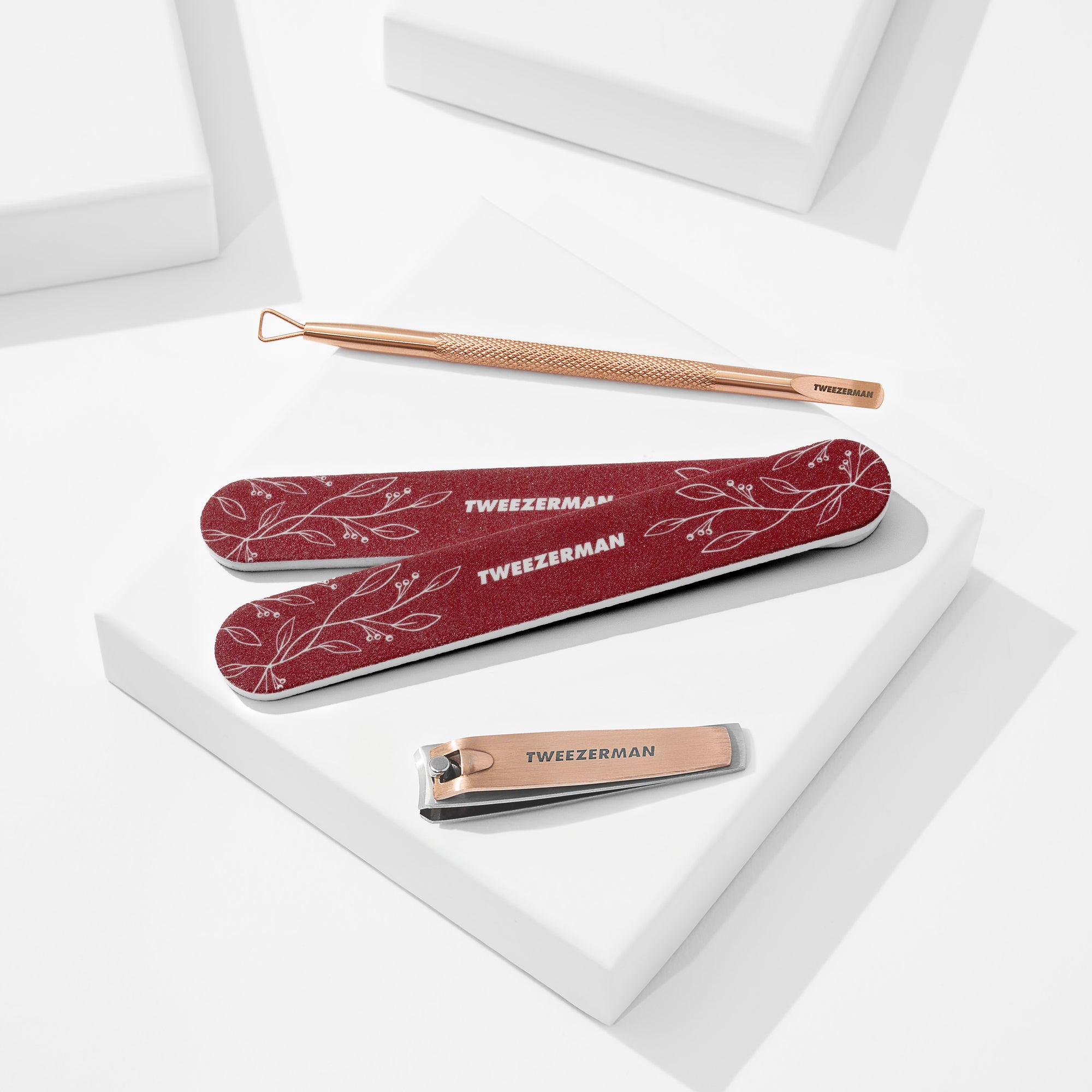 Vintage Rose Manicure Gift Set featuring 5-inch Nail Files, Rose Gold Fingernail Clipper and Rose Gold Cuticle Pushy.