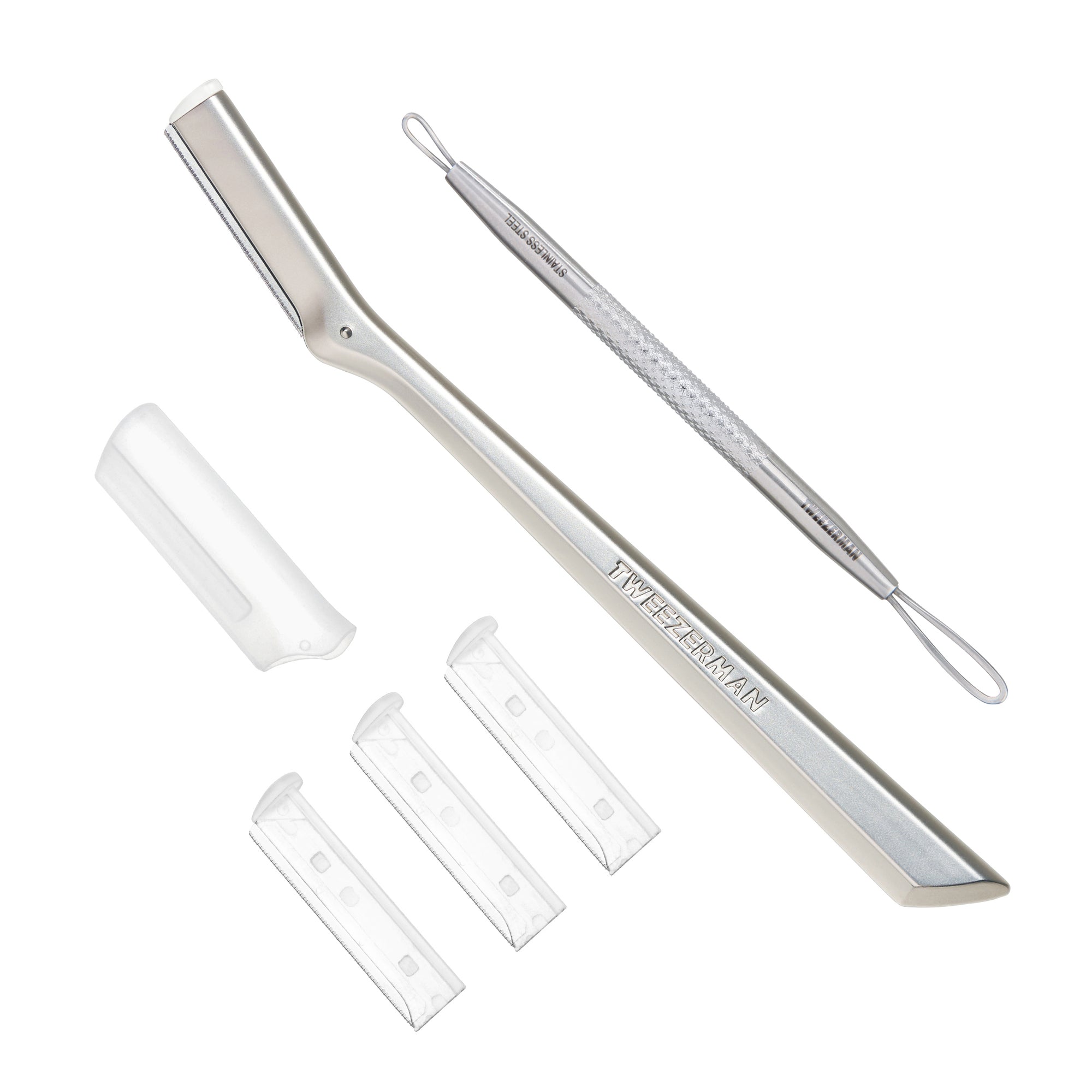 Stainless Steel Facial Razor with 3 replacement blades and dual ended skincare tool